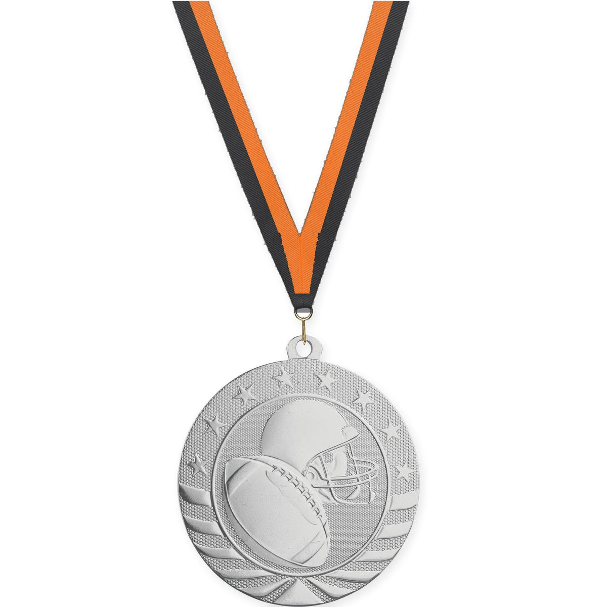 2 3/4 inch football Starbrite medal in bright silver with Black Orange neck ribbon