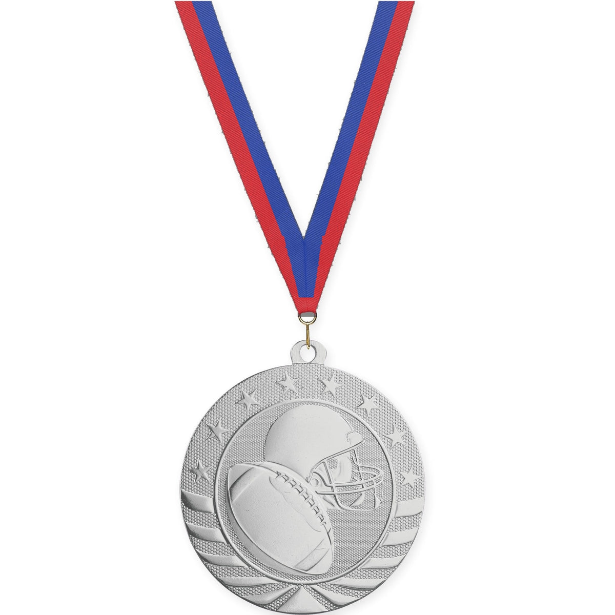 2 3/4 inch football Starbrite medal in bright silver with Blue Red neck ribbon