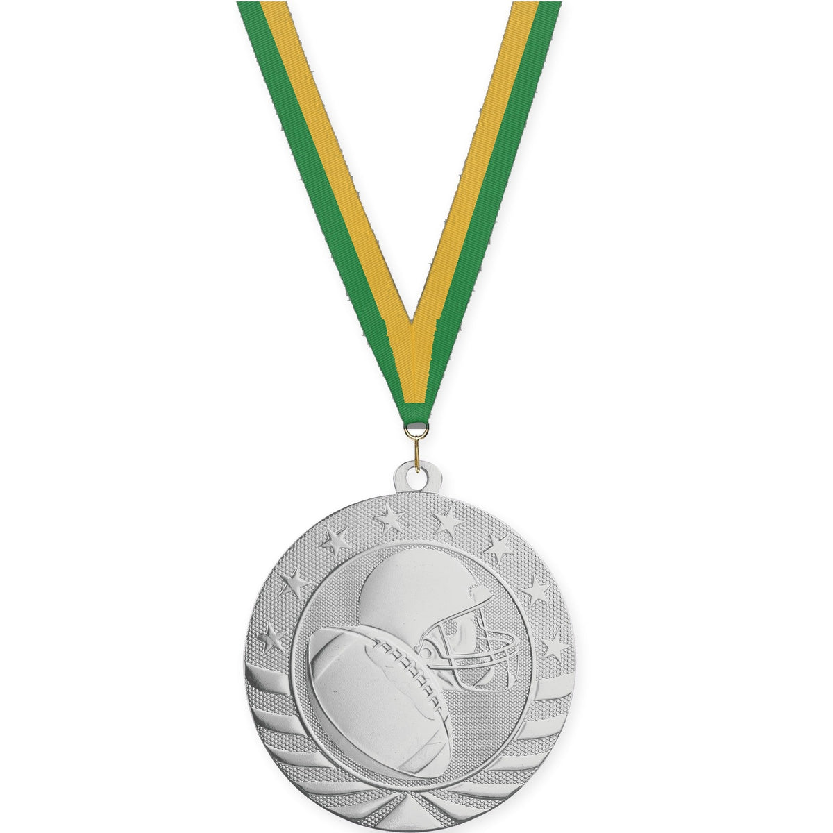 2 3/4 inch football Starbrite medal in bright silver with Green Gold neck ribbon