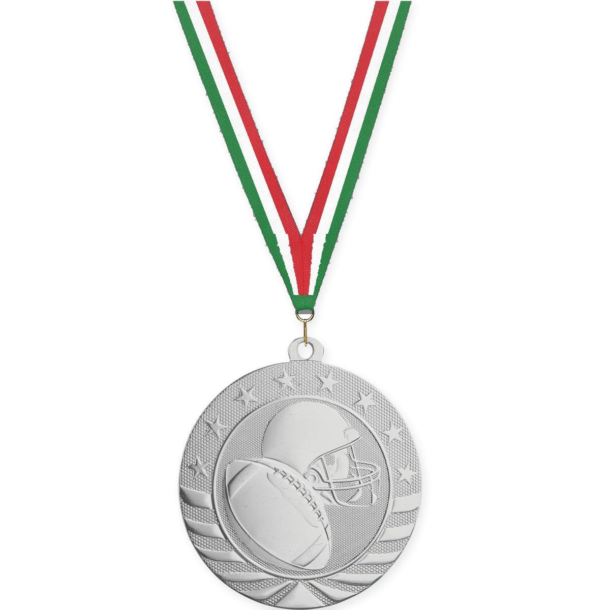 2 3/4 inch football Starbrite medal in bright silver with Green White Red neck ribbon