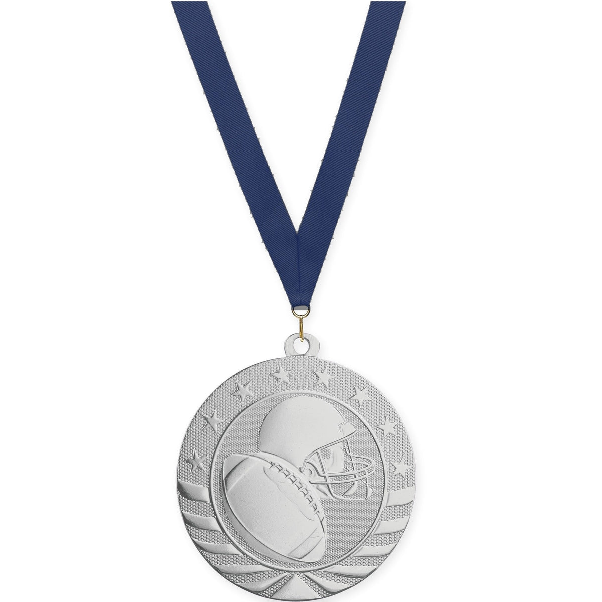 2 3/4 inch football Starbrite medal in bright silver with Navy neck ribbon