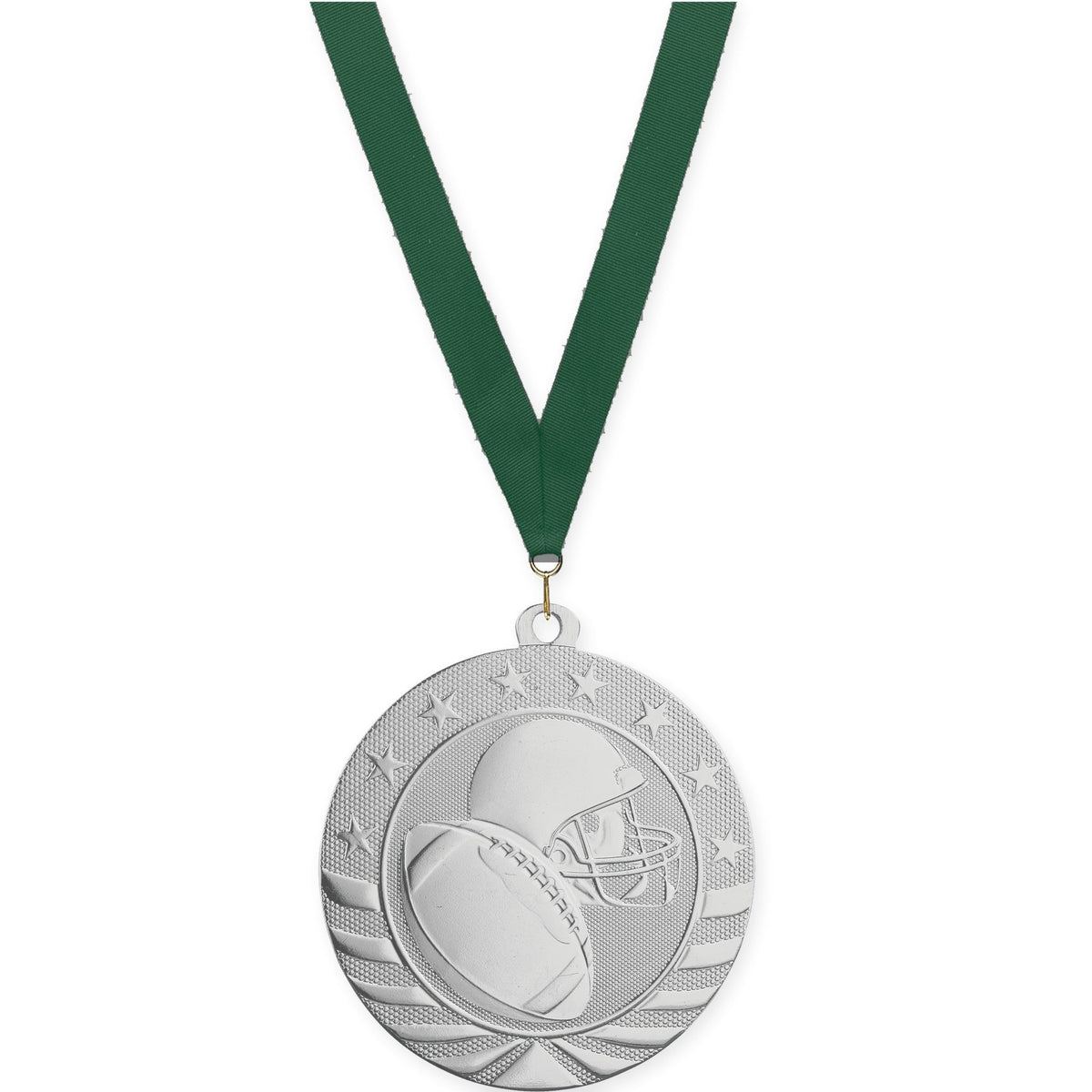 2 3/4 inch football Starbrite medal in bright silver with Hunter Green neck ribbon