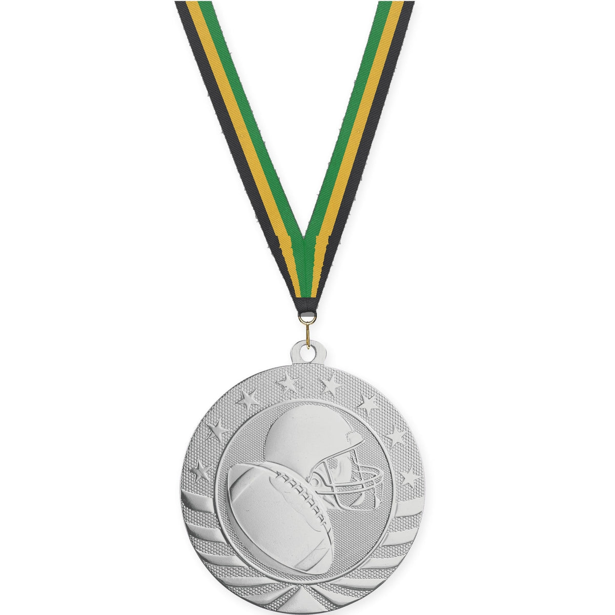 2 3/4 inch football Starbrite medal in bright silver with Black Gold Green neck ribbon