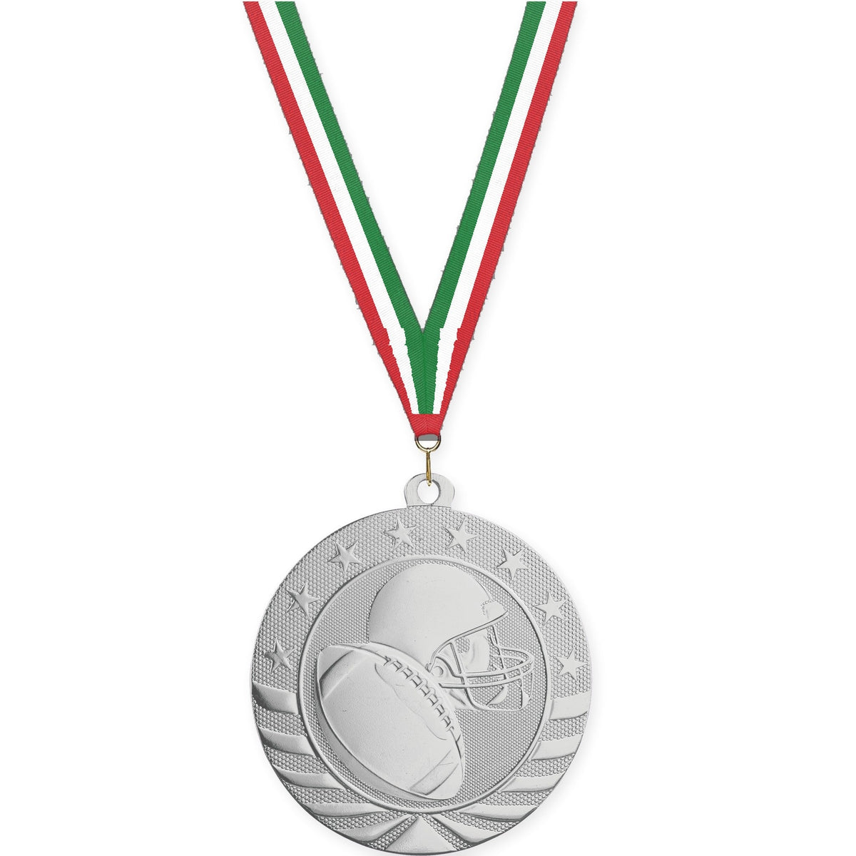 2 3/4 inch football Starbrite medal in bright silver with Red White Green neck ribbon