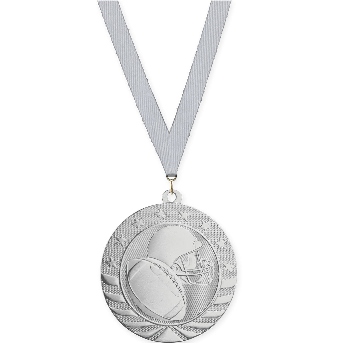 2 3/4 inch football Starbrite medal in bright silver with Silver Metallic neck ribbon