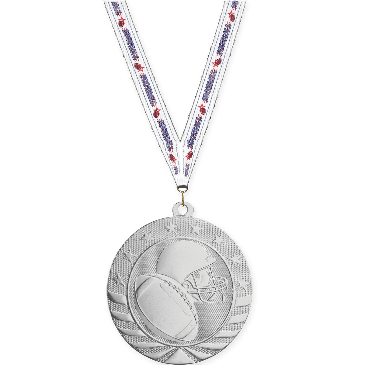 2 3/4 inch football Starbrite medal in bright silver with Football neck ribbon