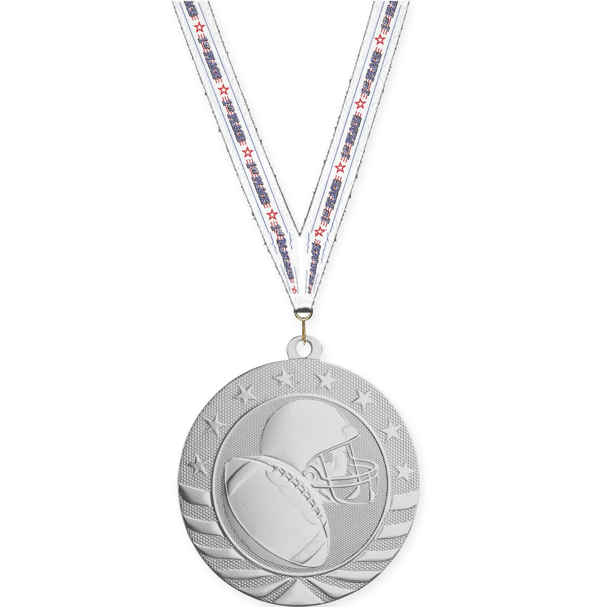 2 3/4 inch football Starbrite medal in bright silver with 1st Place neck ribbon