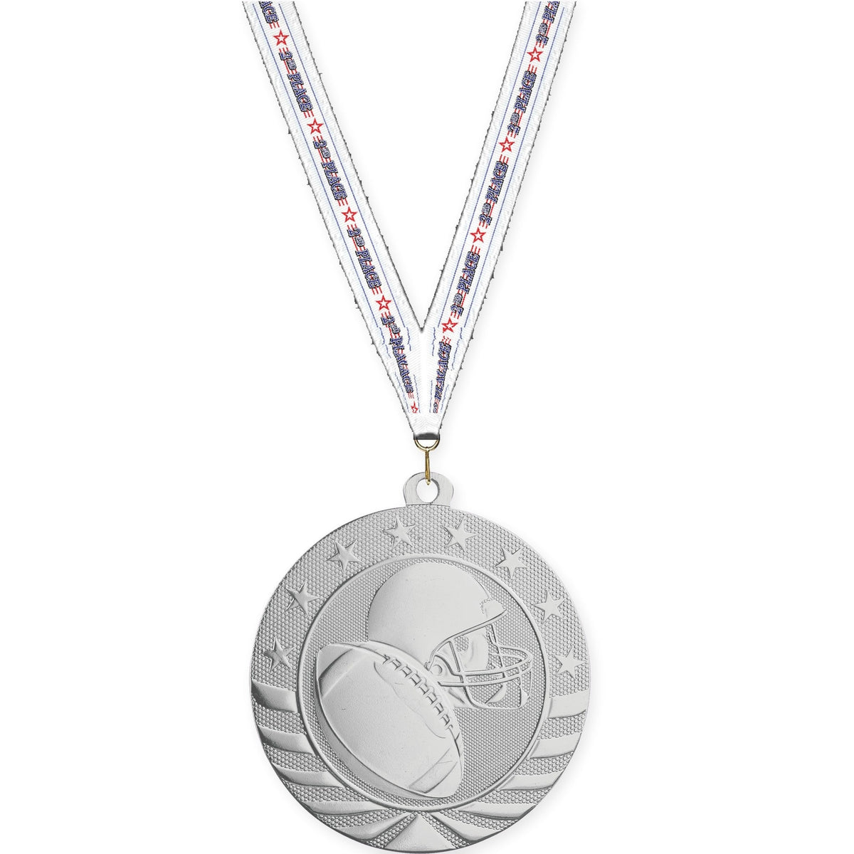 2 3/4 inch football Starbrite medal in bright silver with 2nd Place neck ribbon