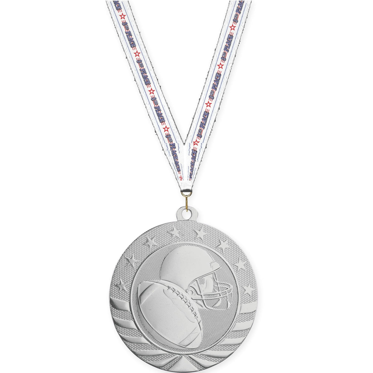 2 3/4 inch football Starbrite medal in bright silver with 3rd Place neck ribbon