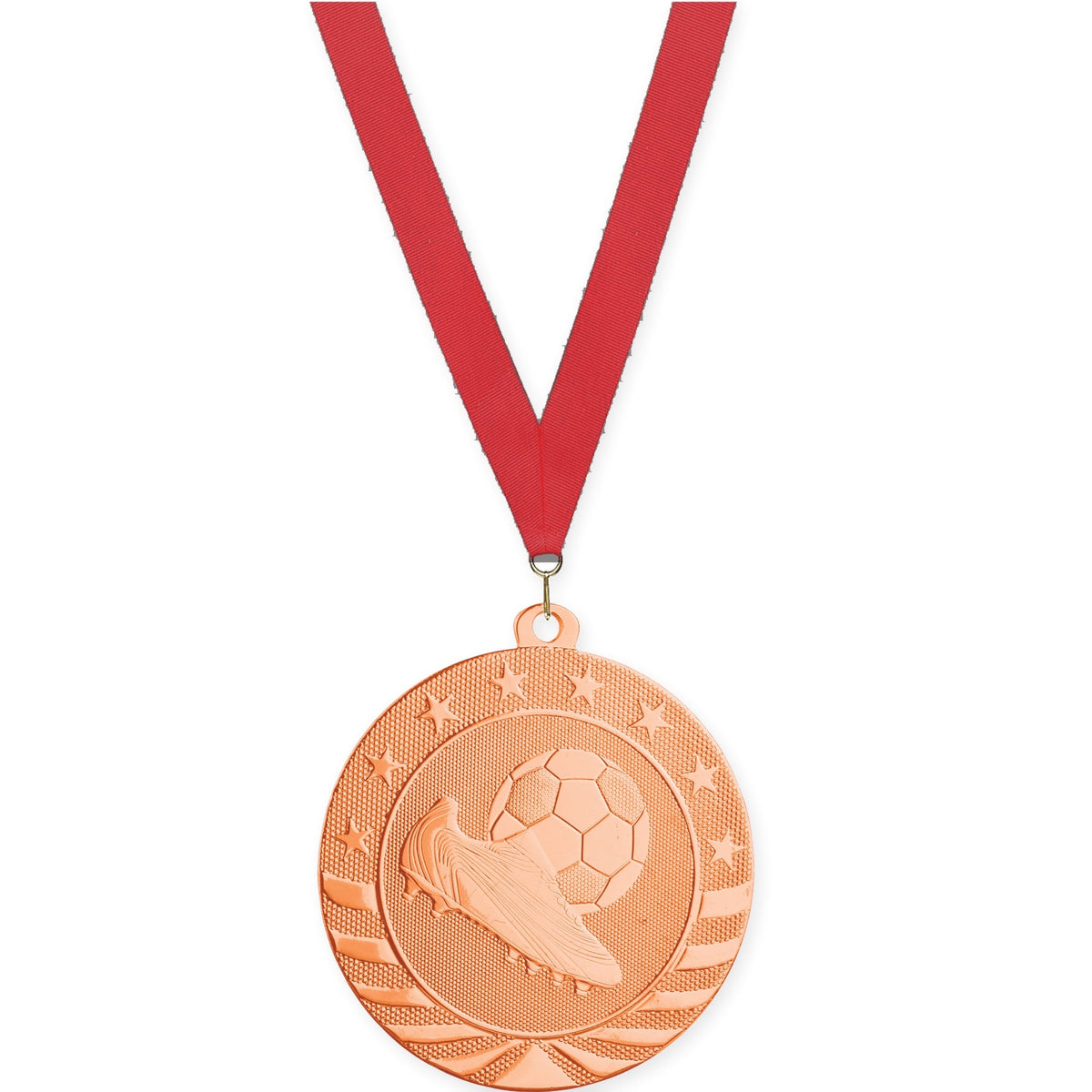 2 3/4 inch soccer Starbrite medal in bright bronze with Red neck ribbon