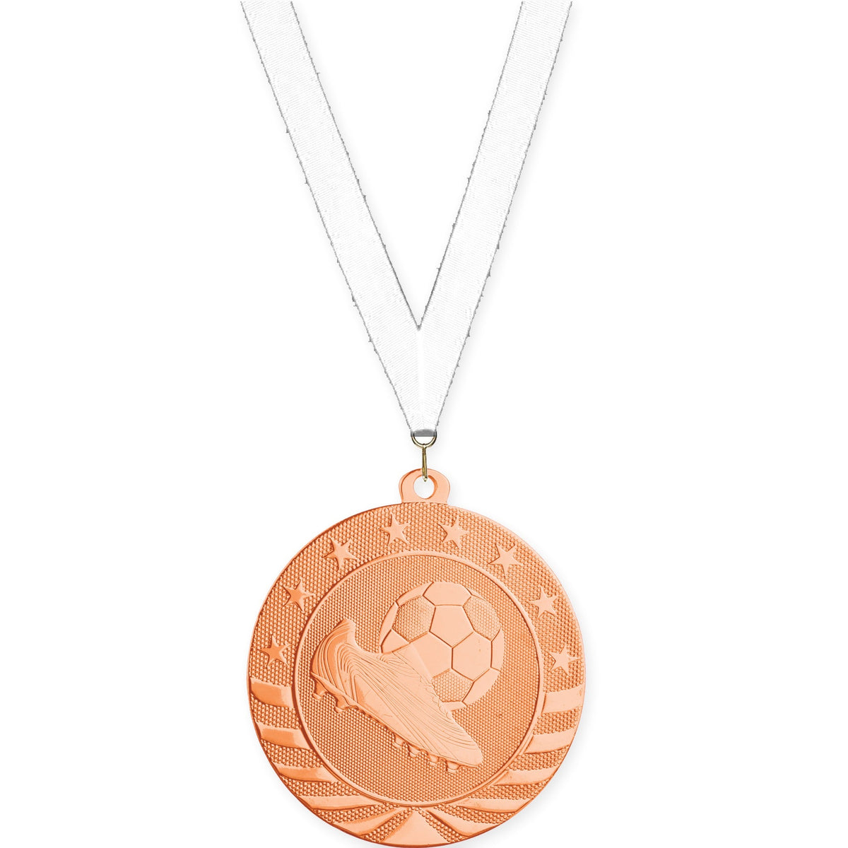 2 3/4 inch soccer Starbrite medal in bright bronze with White neck ribbon