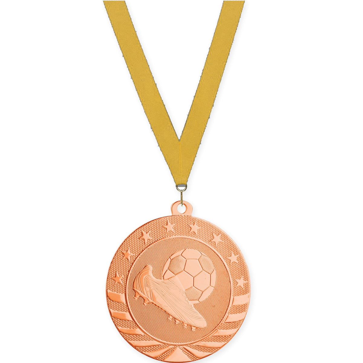 2 3/4 inch soccer Starbrite medal in bright bronze with Gold neck ribbon