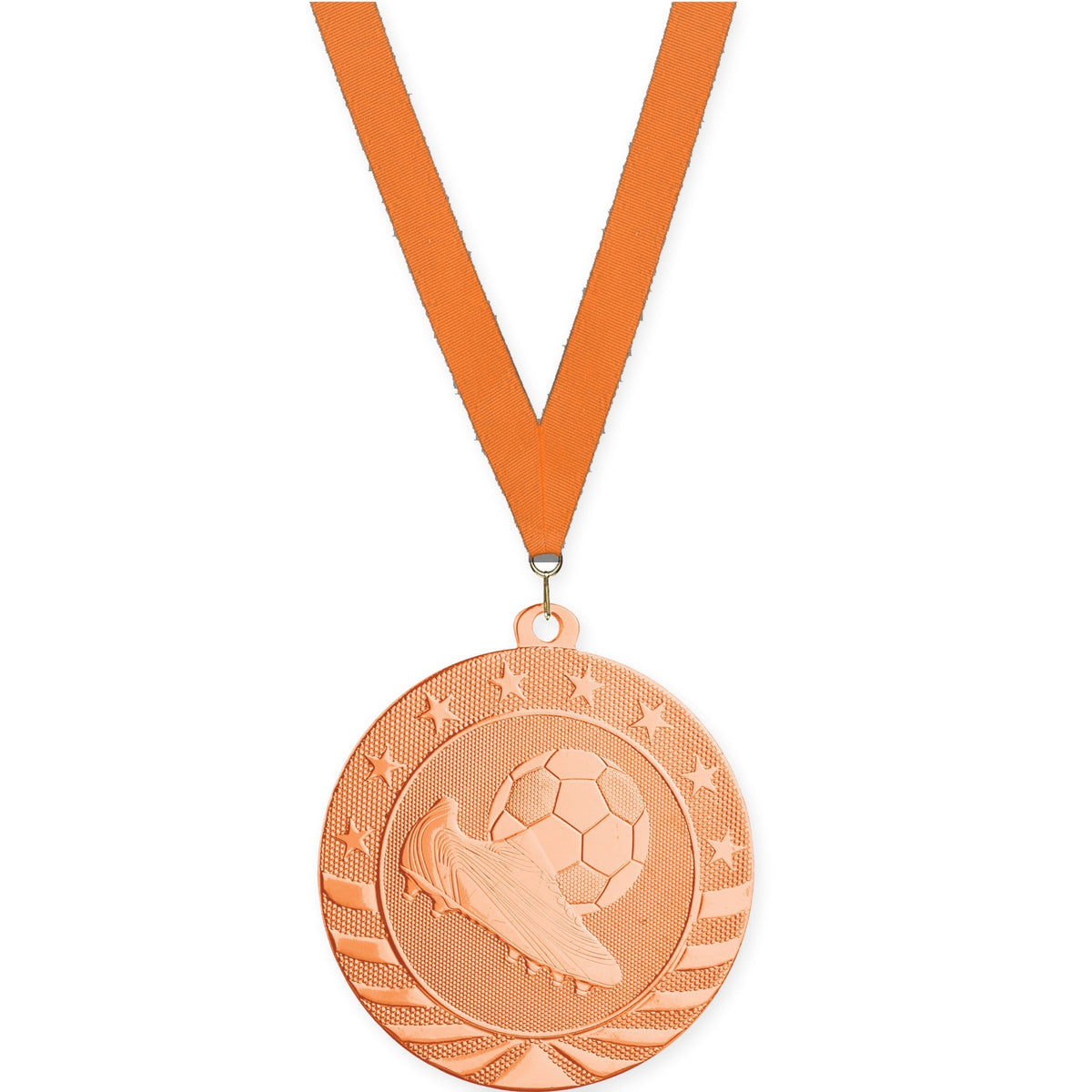 2 3/4 inch soccer Starbrite medal in bright bronze with Orange neck ribbon