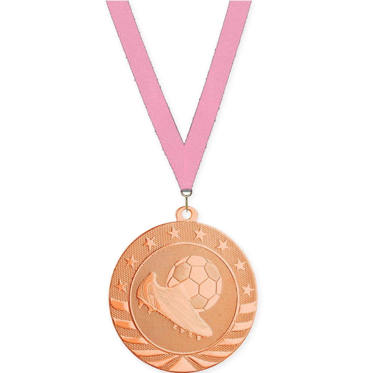 2 3/4 inch soccer Starbrite medal in bright bronze with Pink neck ribbon