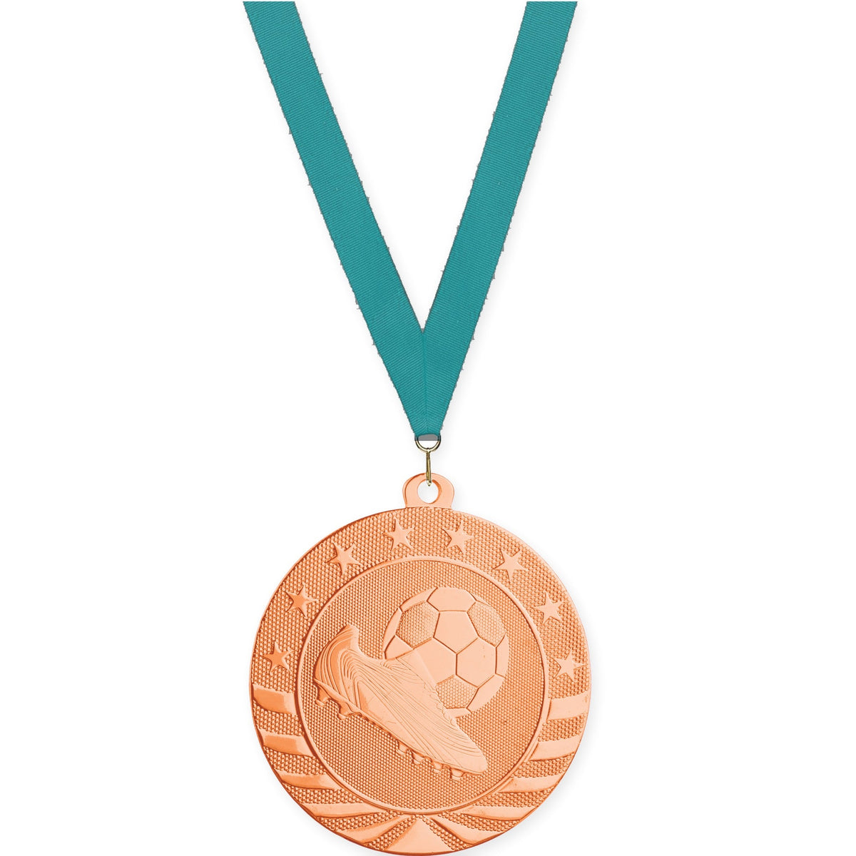 2 3/4 inch soccer Starbrite medal in bright bronze with Teal neck ribbon