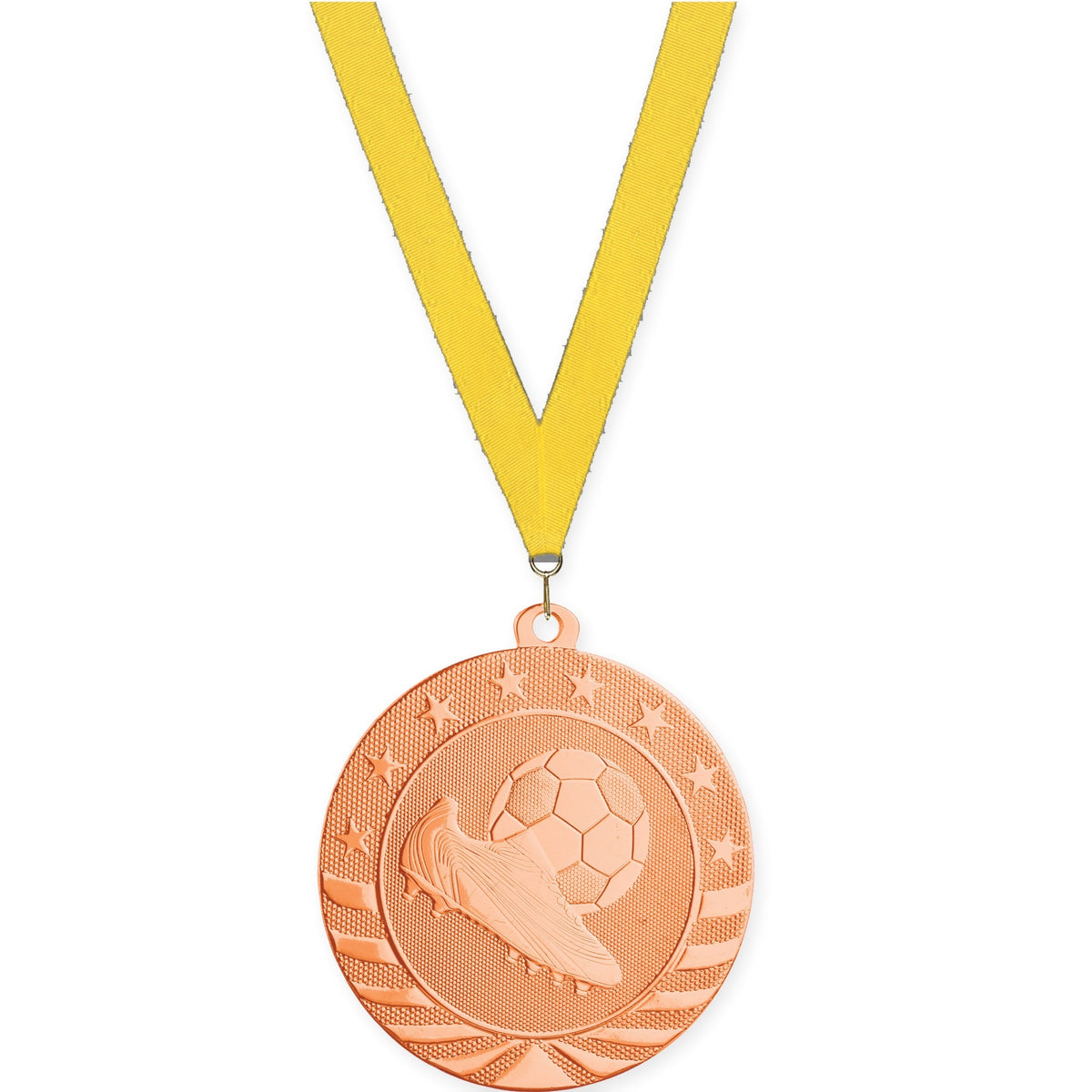 2 3/4 inch soccer Starbrite medal in bright bronze with Yellow neck ribbon