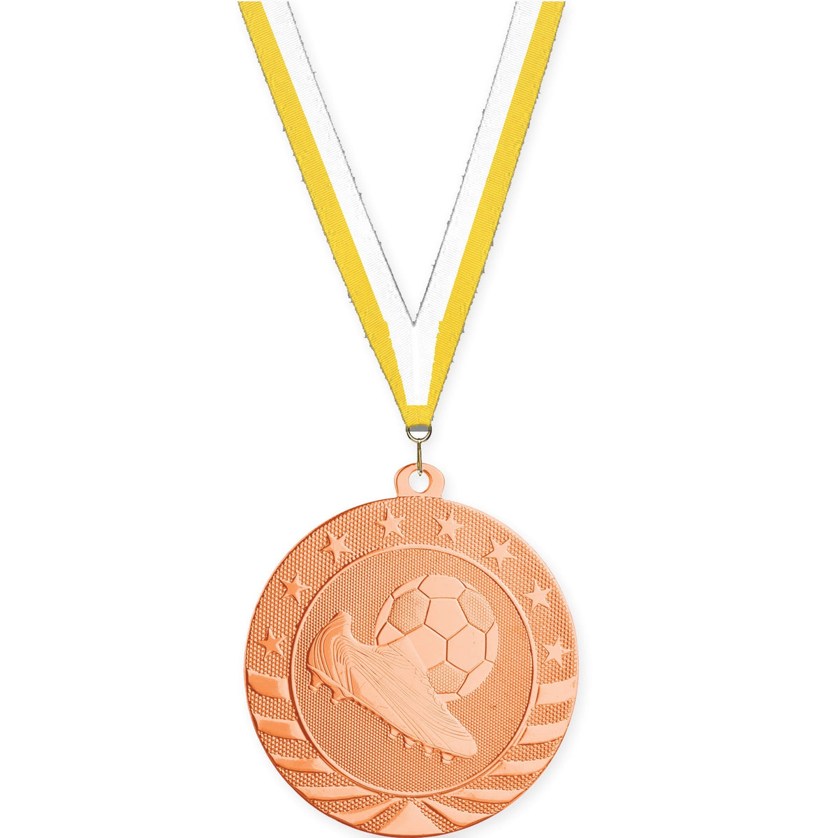 2 3/4 inch soccer Starbrite medal in bright bronze with Yellow White neck ribbon