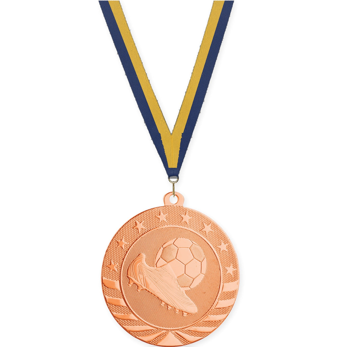 2 3/4 inch soccer Starbrite medal in bright bronze with Navy Gold neck ribbon
