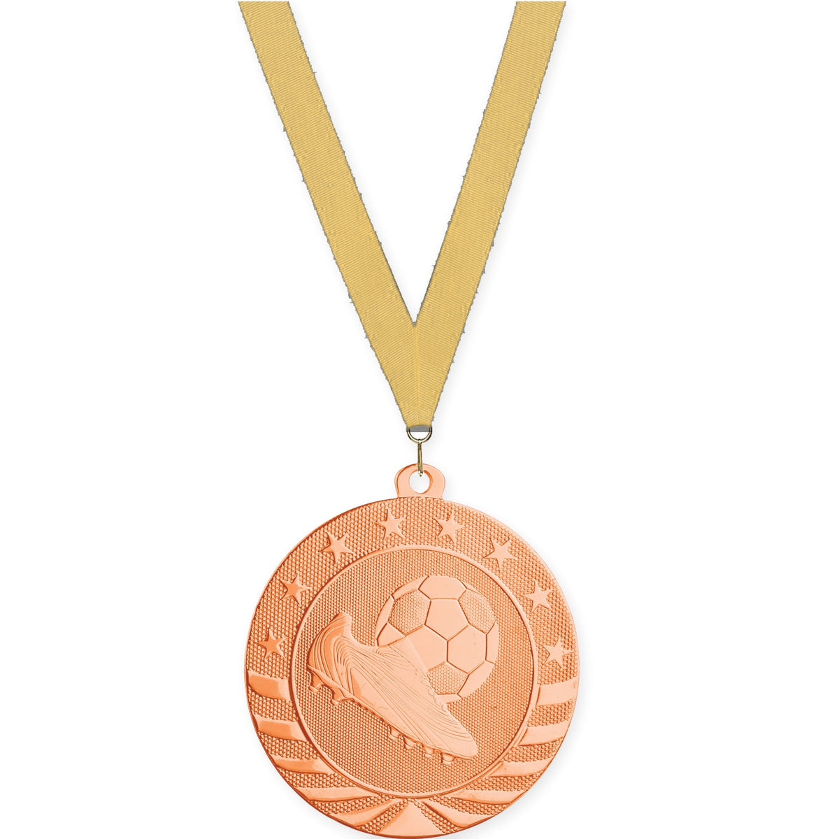2 3/4 inch soccer Starbrite medal in bright bronze with Gold Metallic neck ribbon