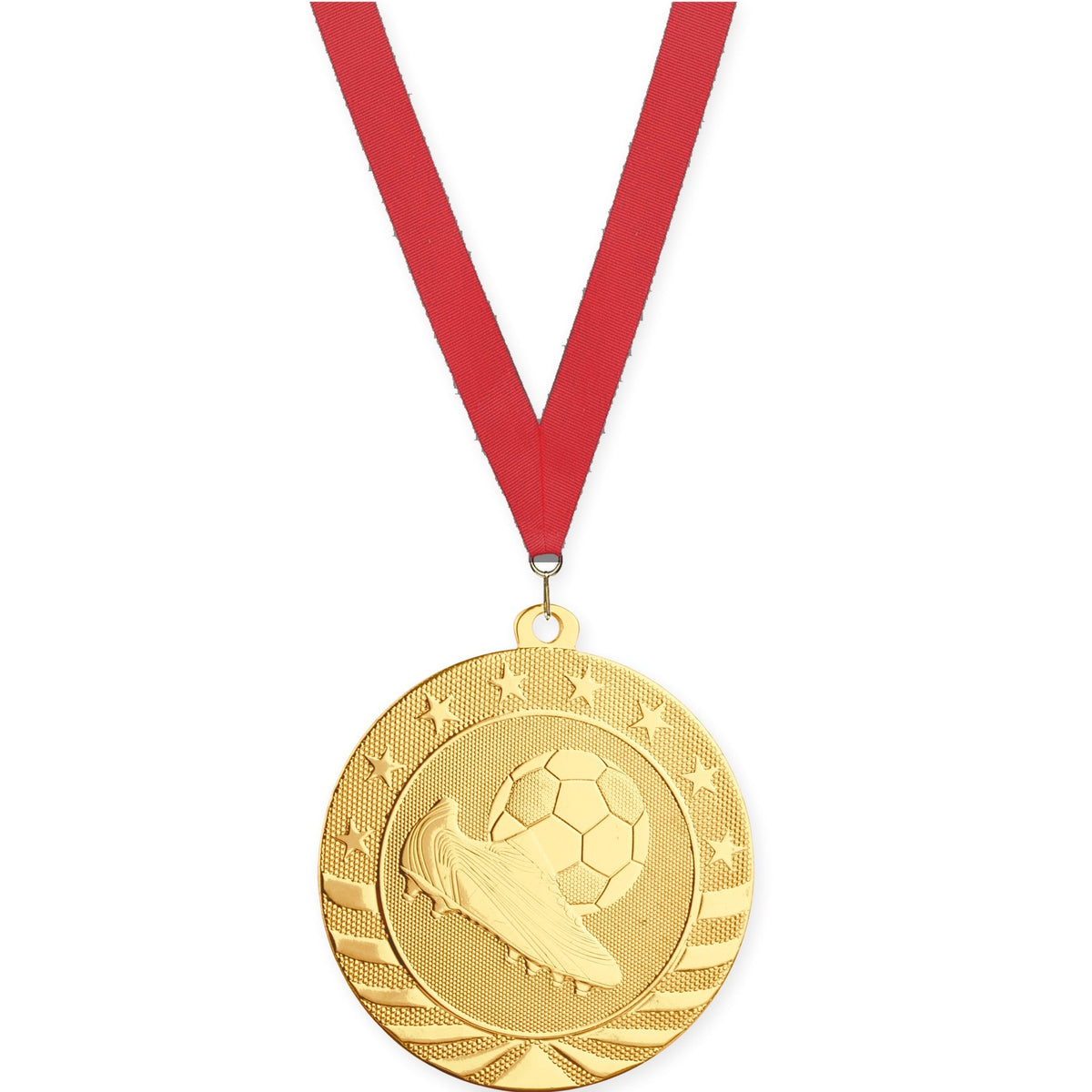2 3/4 inch soccer Starbrite medal in bright gold with Red neck ribbon