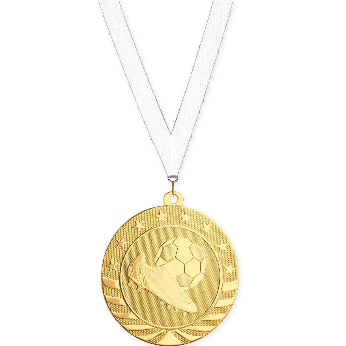 2 3/4 inch soccer Starbrite medal in bright gold with White neck ribbon
