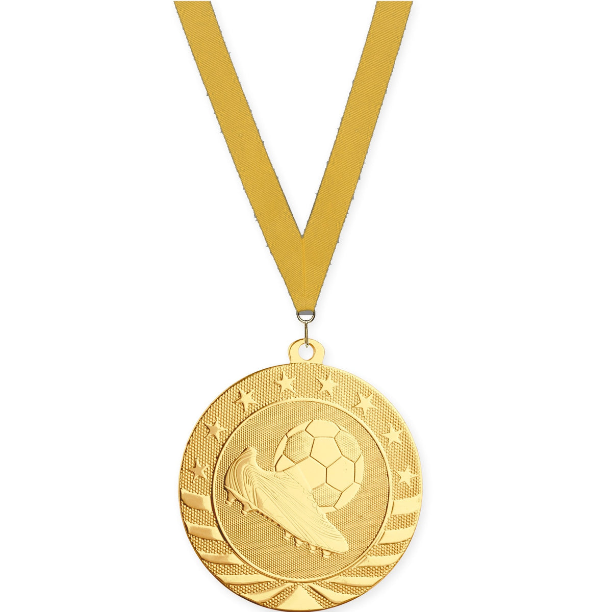 2 3/4 inch soccer Starbrite medal in bright gold with Gold neck ribbon