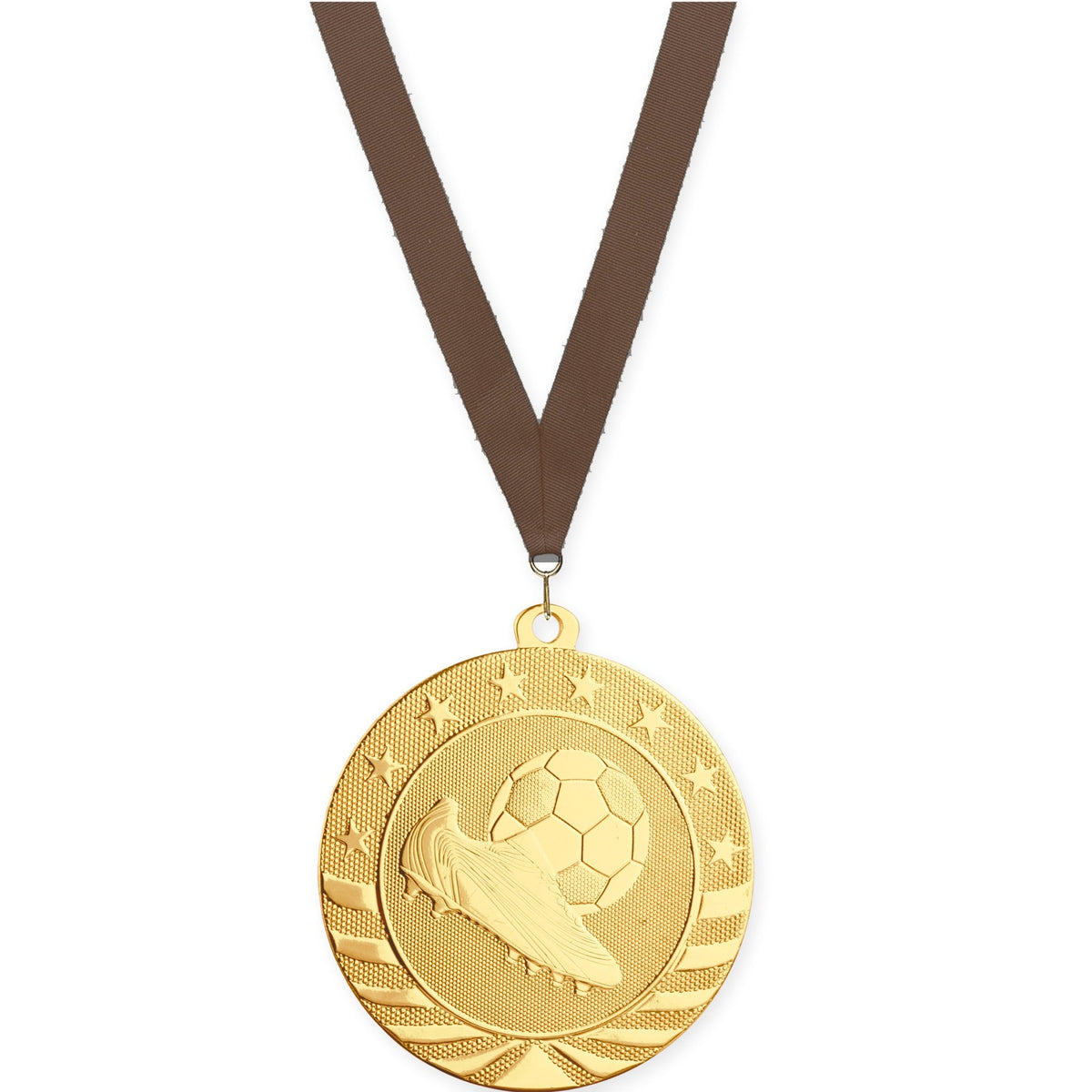 2 3/4 inch soccer Starbrite medal in bright gold with Brown neck ribbon