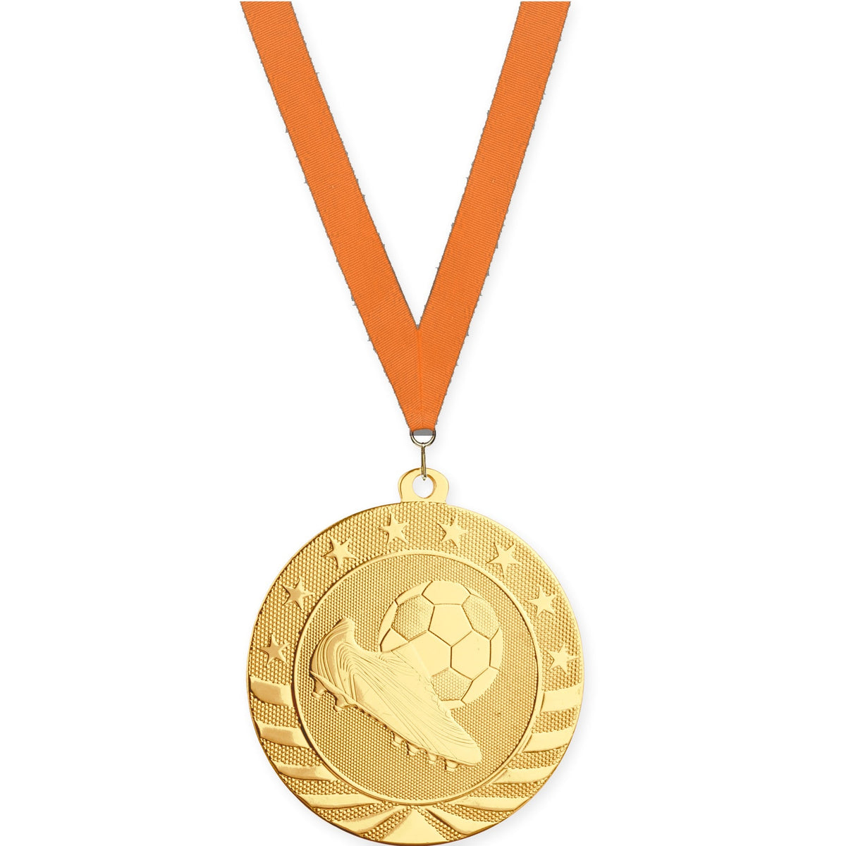 2 3/4 inch soccer Starbrite medal in bright gold with Orange neck ribbon