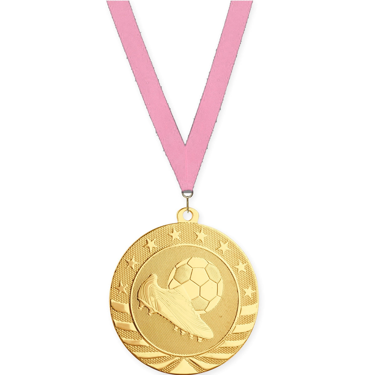 2 3/4 inch soccer Starbrite medal in bright gold with Pink neck ribbon