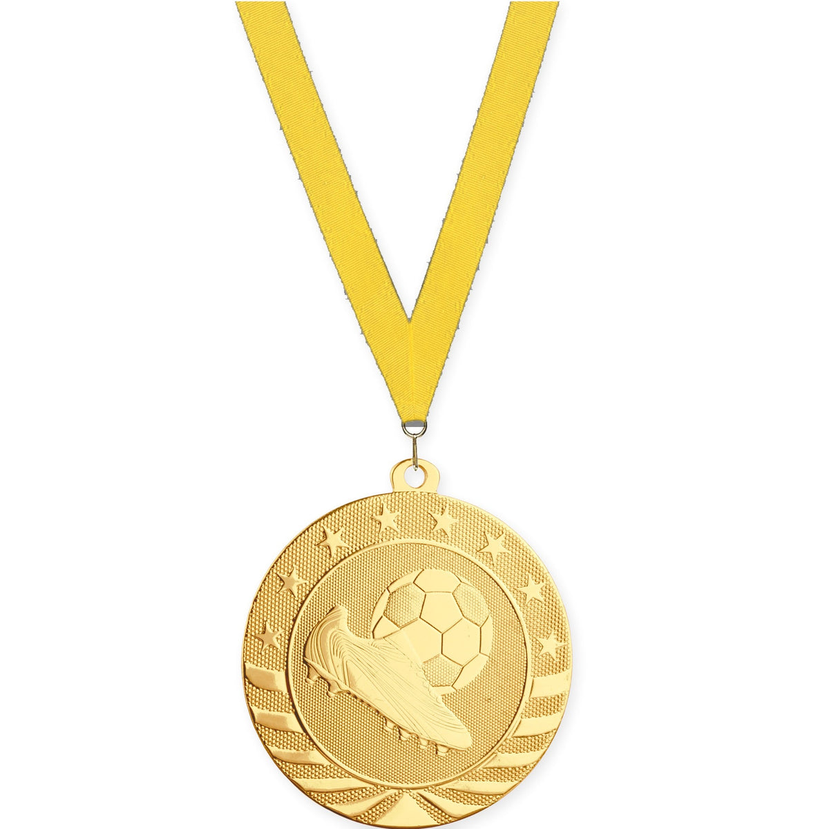 2 3/4 inch soccer Starbrite medal in bright gold with Yellow neck ribbon
