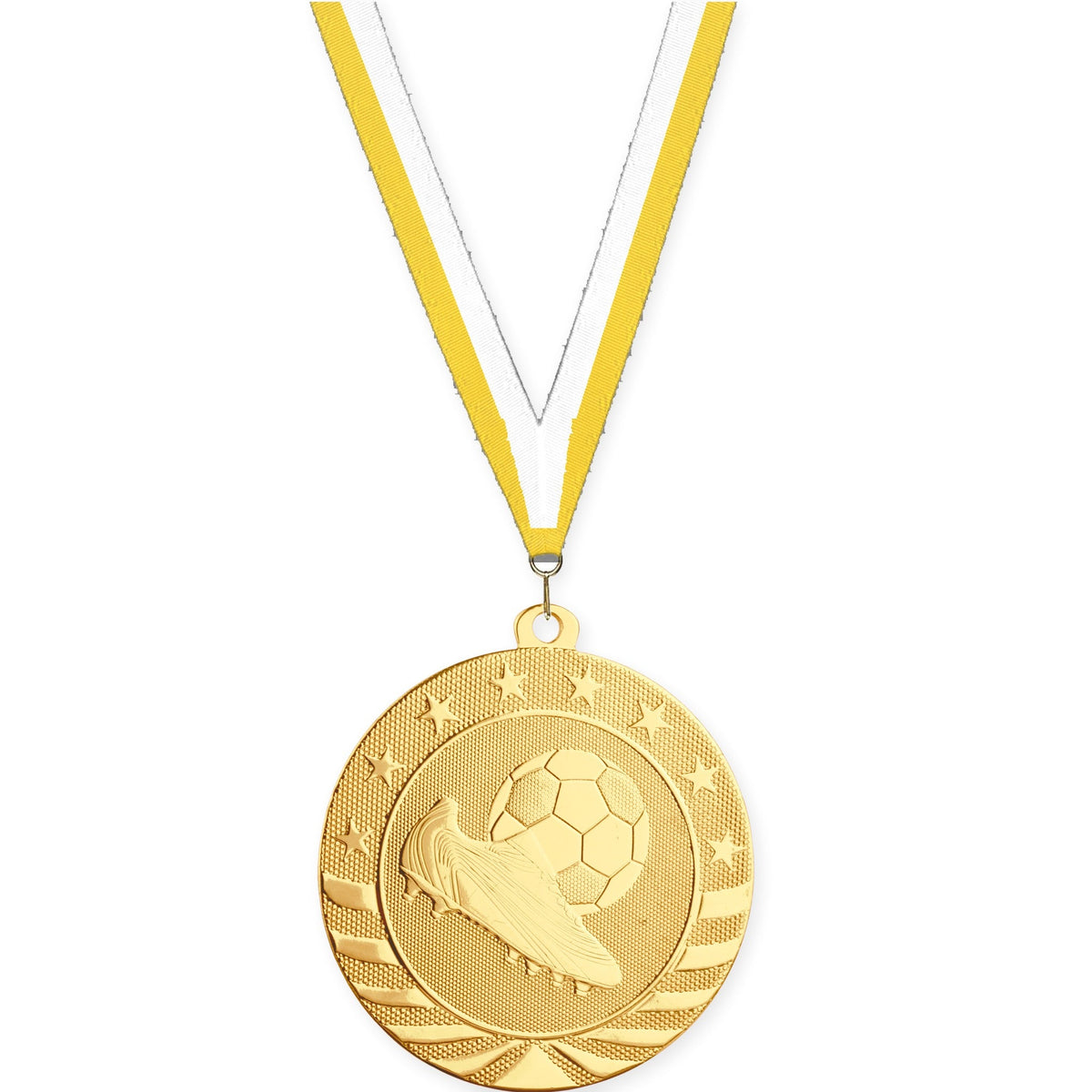 2 3/4 inch soccer Starbrite medal in bright gold with Yellow White neck ribbon