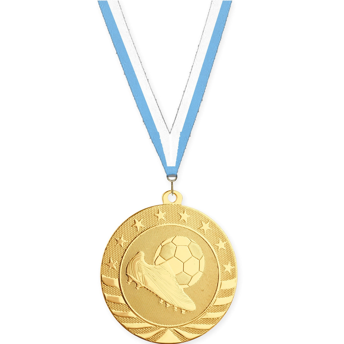 2 3/4 inch soccer Starbrite medal in bright gold with Light Blue White neck ribbon