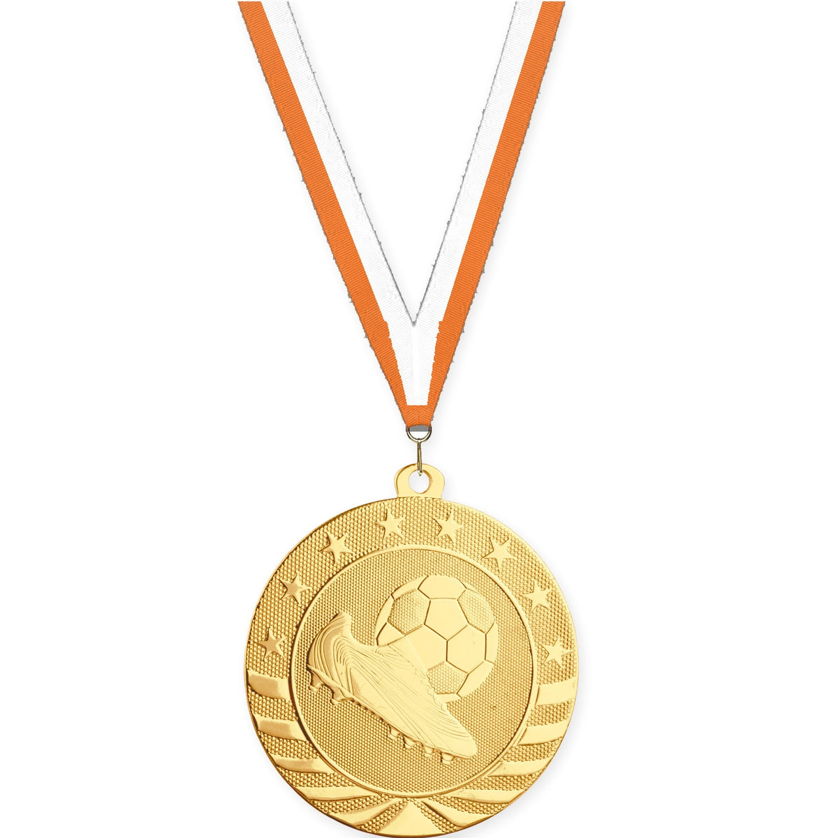 2 3/4 inch soccer Starbrite medal in bright gold with Orange White neck ribbon