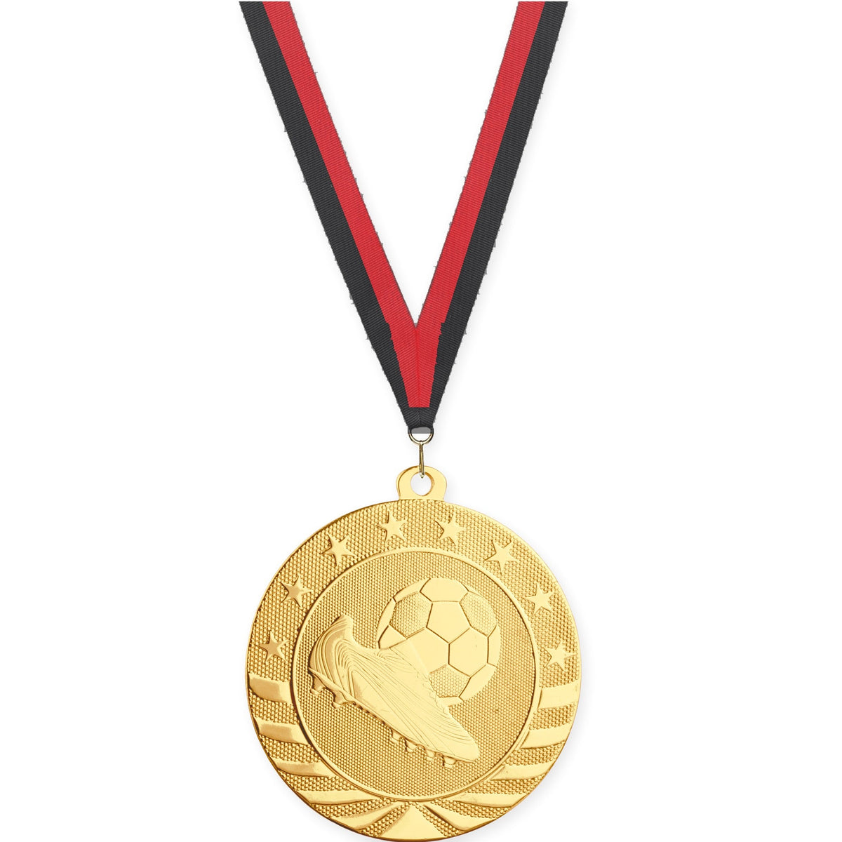 2 3/4 inch soccer Starbrite medal in bright gold with Black Red neck ribbon