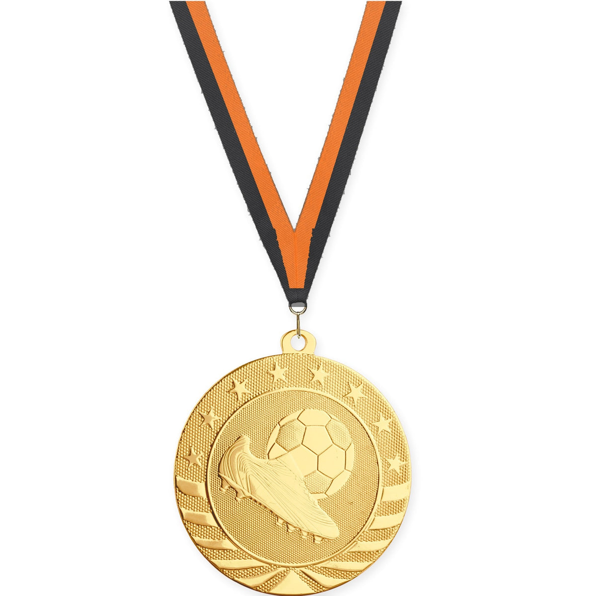 2 3/4 inch soccer Starbrite medal in bright gold with Black Orange neck ribbon