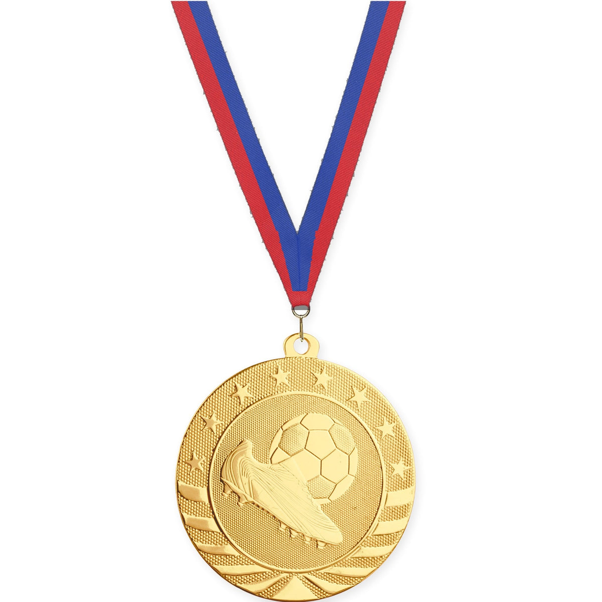 2 3/4 inch soccer Starbrite medal in bright gold with Blue Red neck ribbon