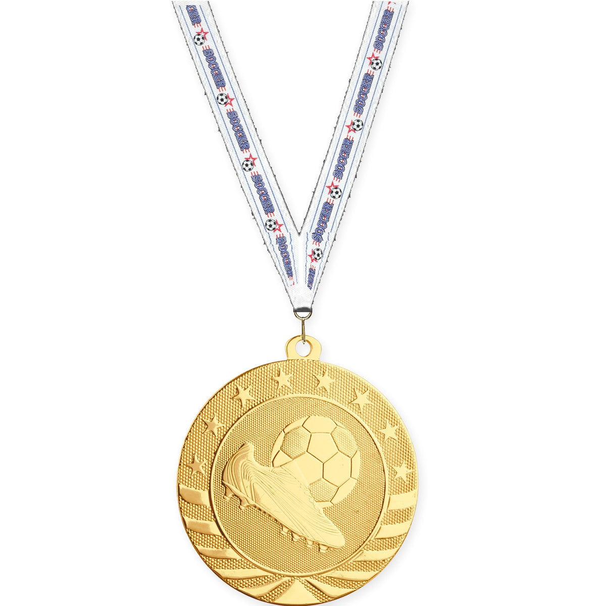 2 3/4 inch soccer Starbrite medal in bright gold with Soccer neck ribbon