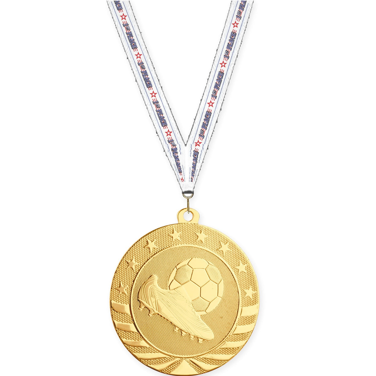 2 3/4 inch soccer Starbrite medal in bright gold with 1st Place neck ribbon