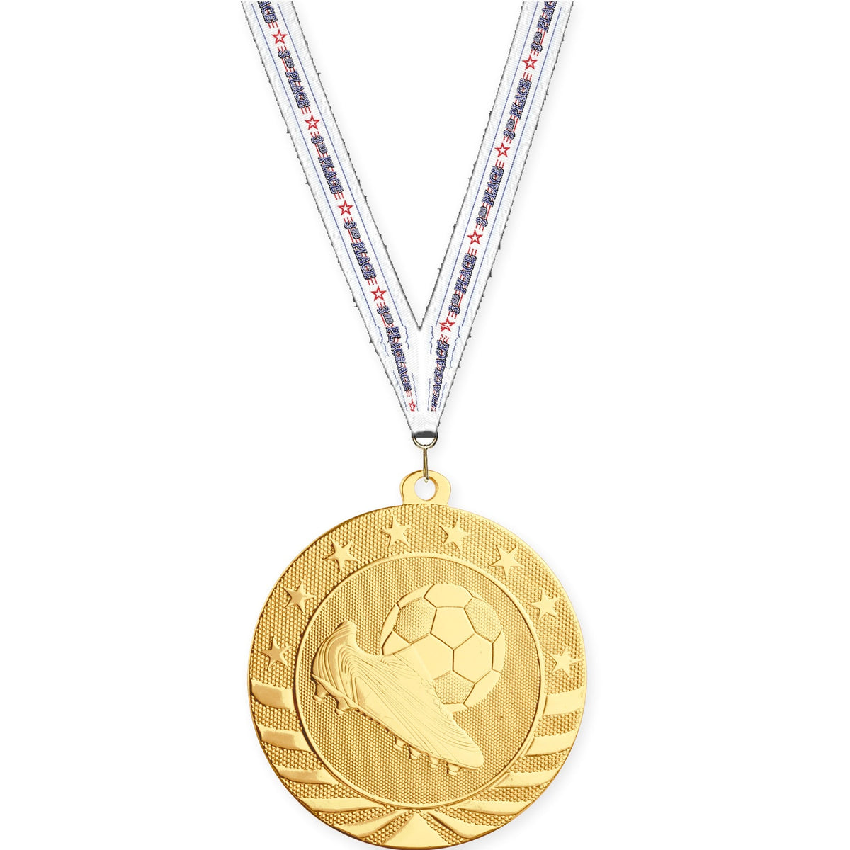 2 3/4 inch soccer Starbrite medal in bright gold with 3rd Place neck ribbon