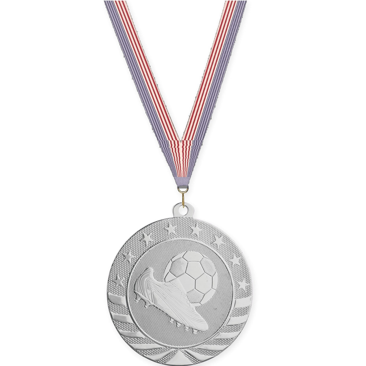 2 3/4 inch soccer Starbrite medal in bright silver with USA Flag neck ribbon