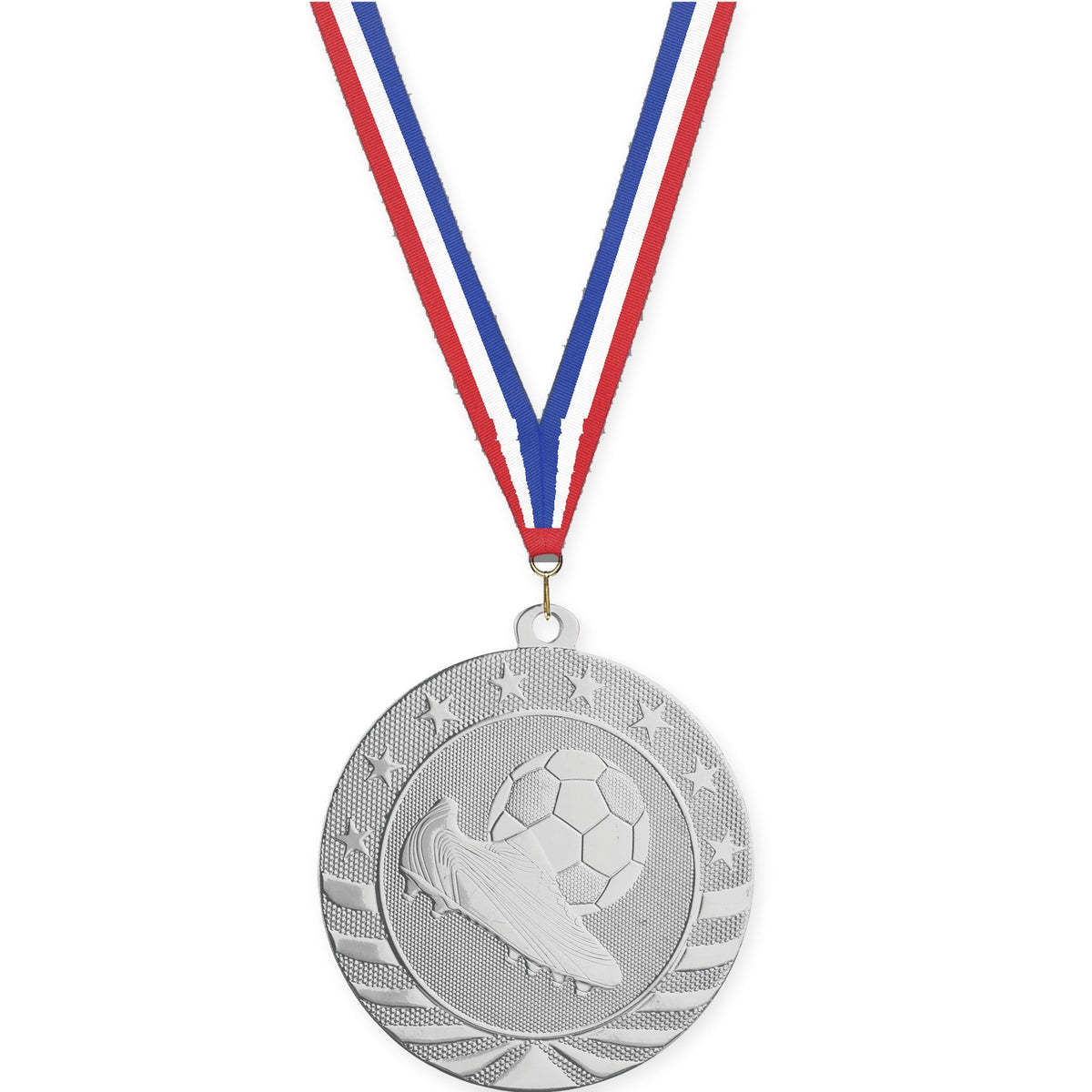 2 3/4 inch soccer Starbrite medal in bright silver with Red White Blue neck ribbon