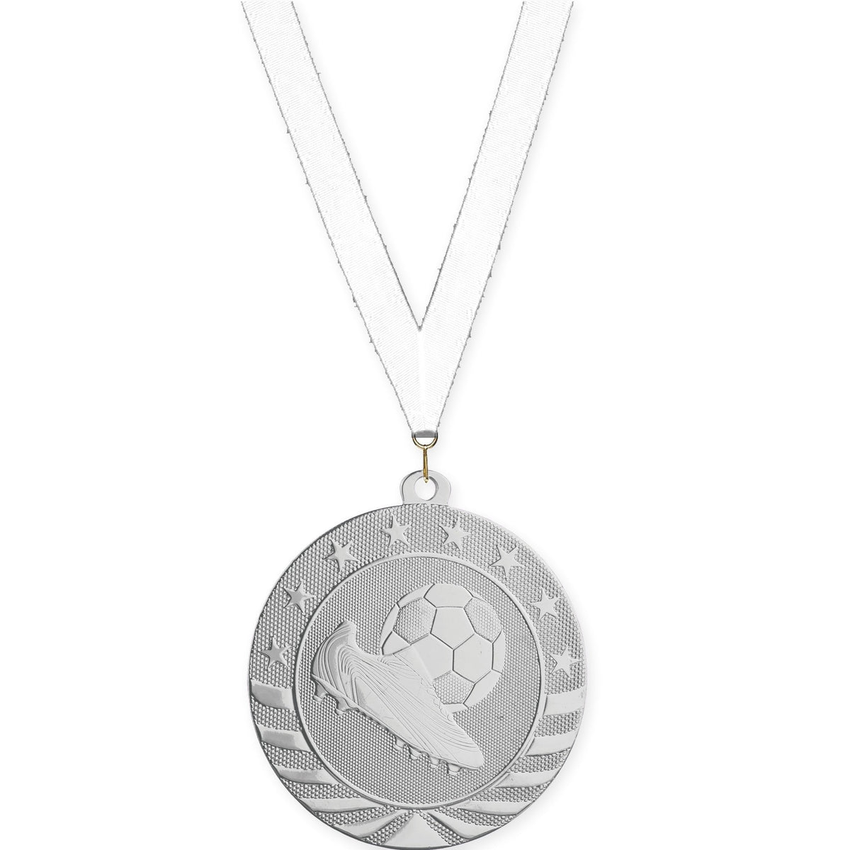 2 3/4 inch soccer Starbrite medal in bright silver with White neck ribbon