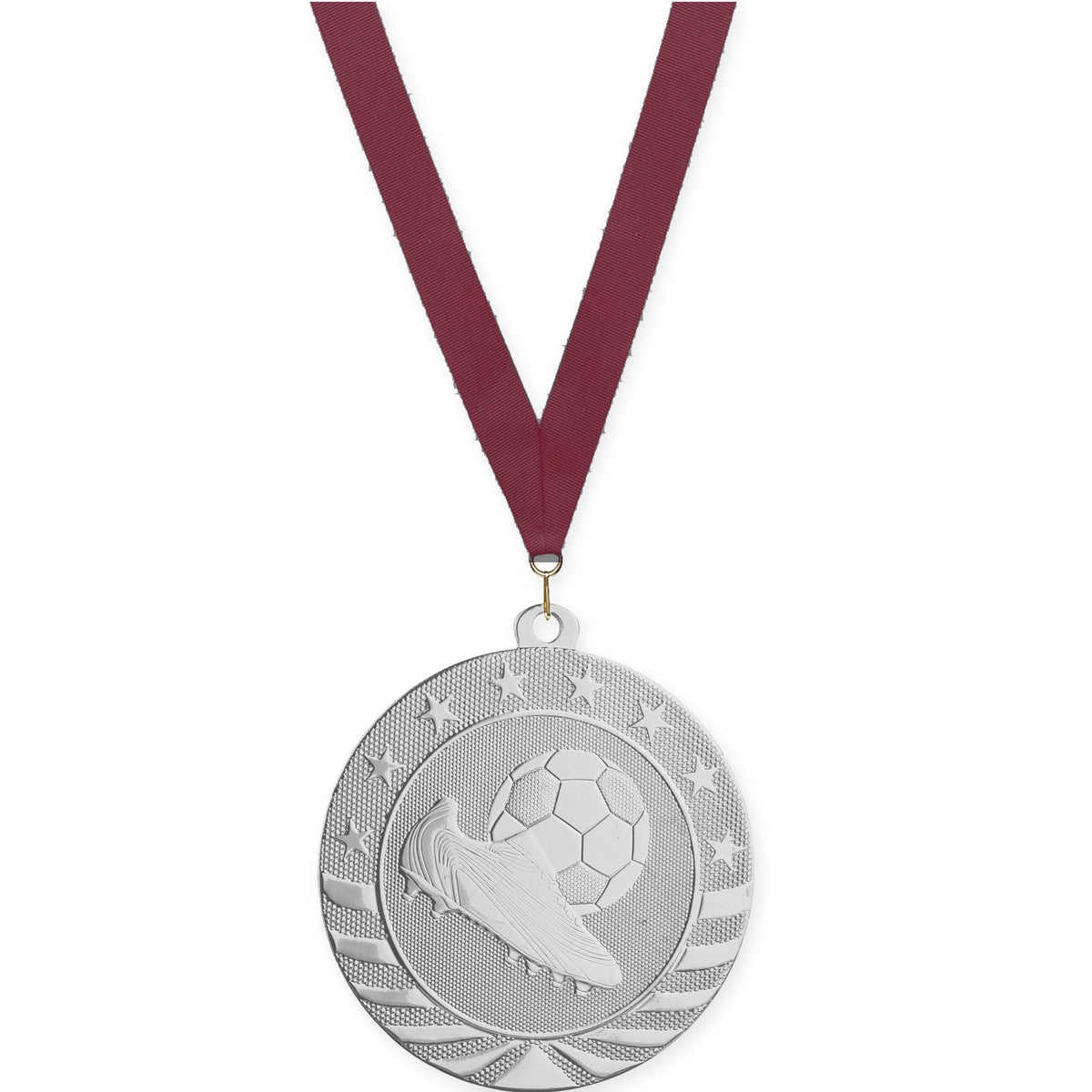 2 3/4 inch soccer Starbrite medal in bright silver with Maroon neck ribbon