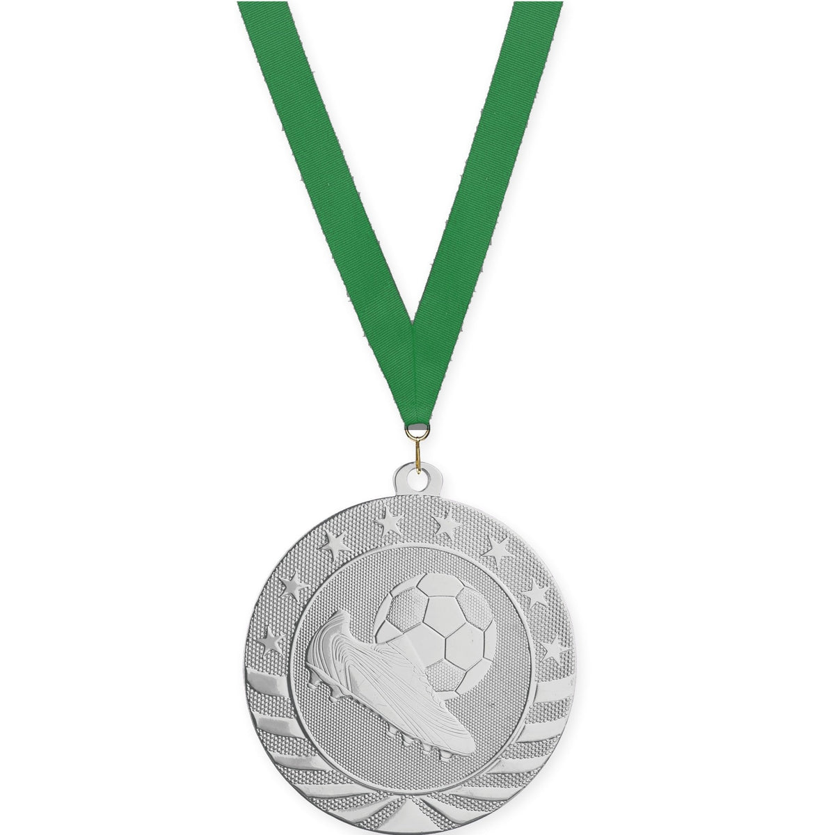 2 3/4 inch soccer Starbrite medal in bright silver with Green neck ribbon