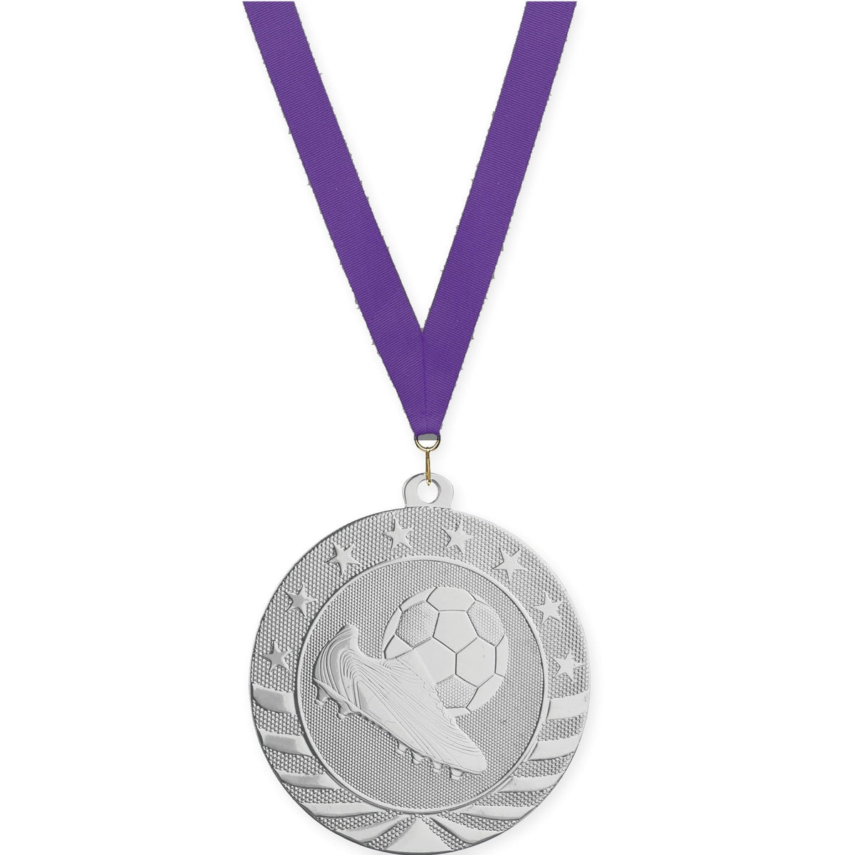 2 3/4 inch soccer Starbrite medal in bright silver with Purple neck ribbon