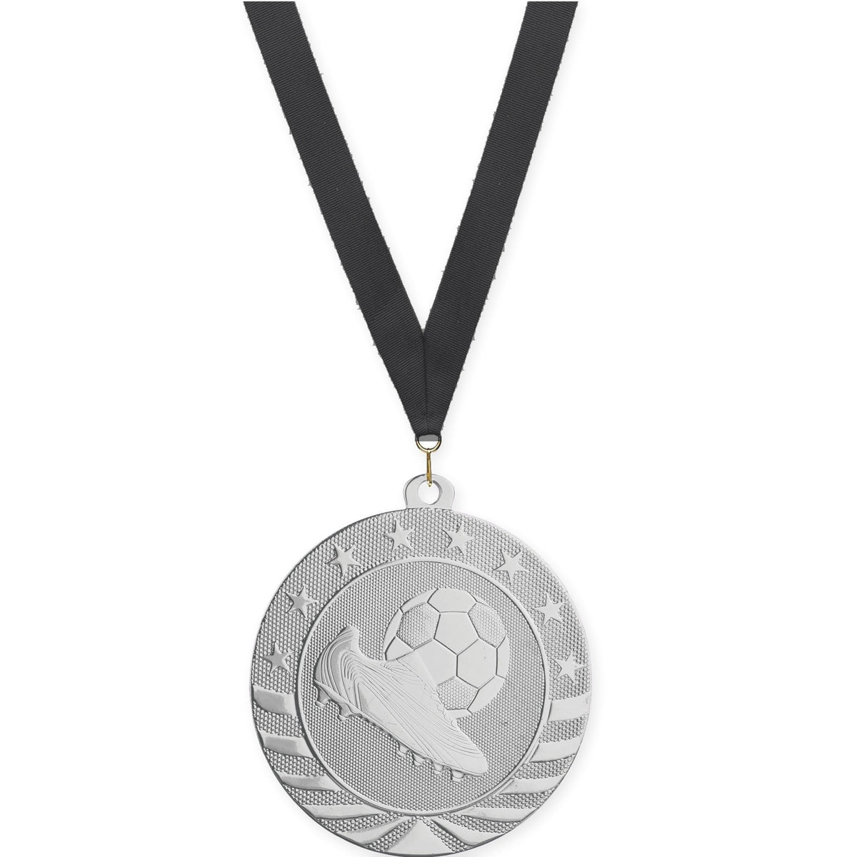 2 3/4 inch soccer Starbrite medal in bright silver with Black neck ribbon