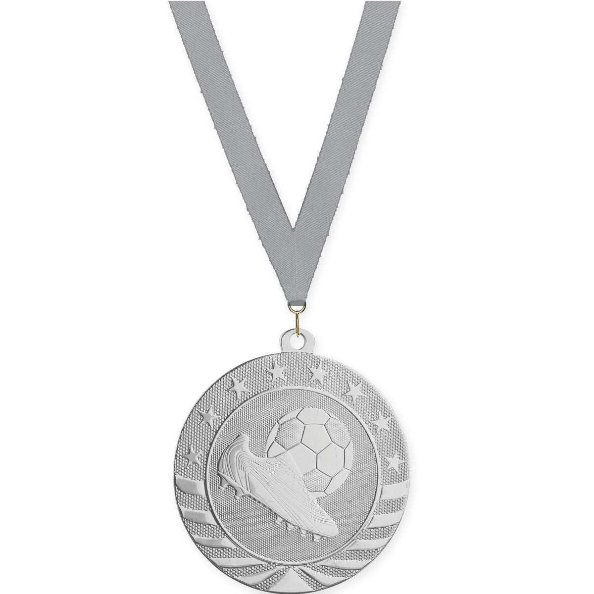 2 3/4 inch soccer Starbrite medal in bright silver with Gray neck ribbon