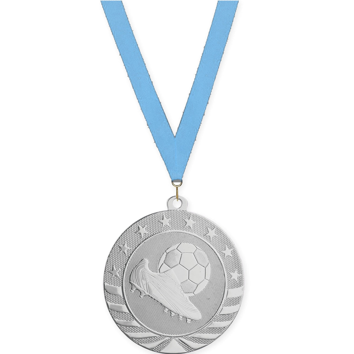 2 3/4 inch soccer Starbrite medal in bright silver with Light Blue neck ribbon