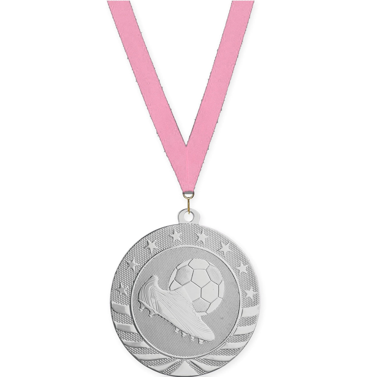 2 3/4 inch soccer Starbrite medal in bright silver with Pink neck ribbon