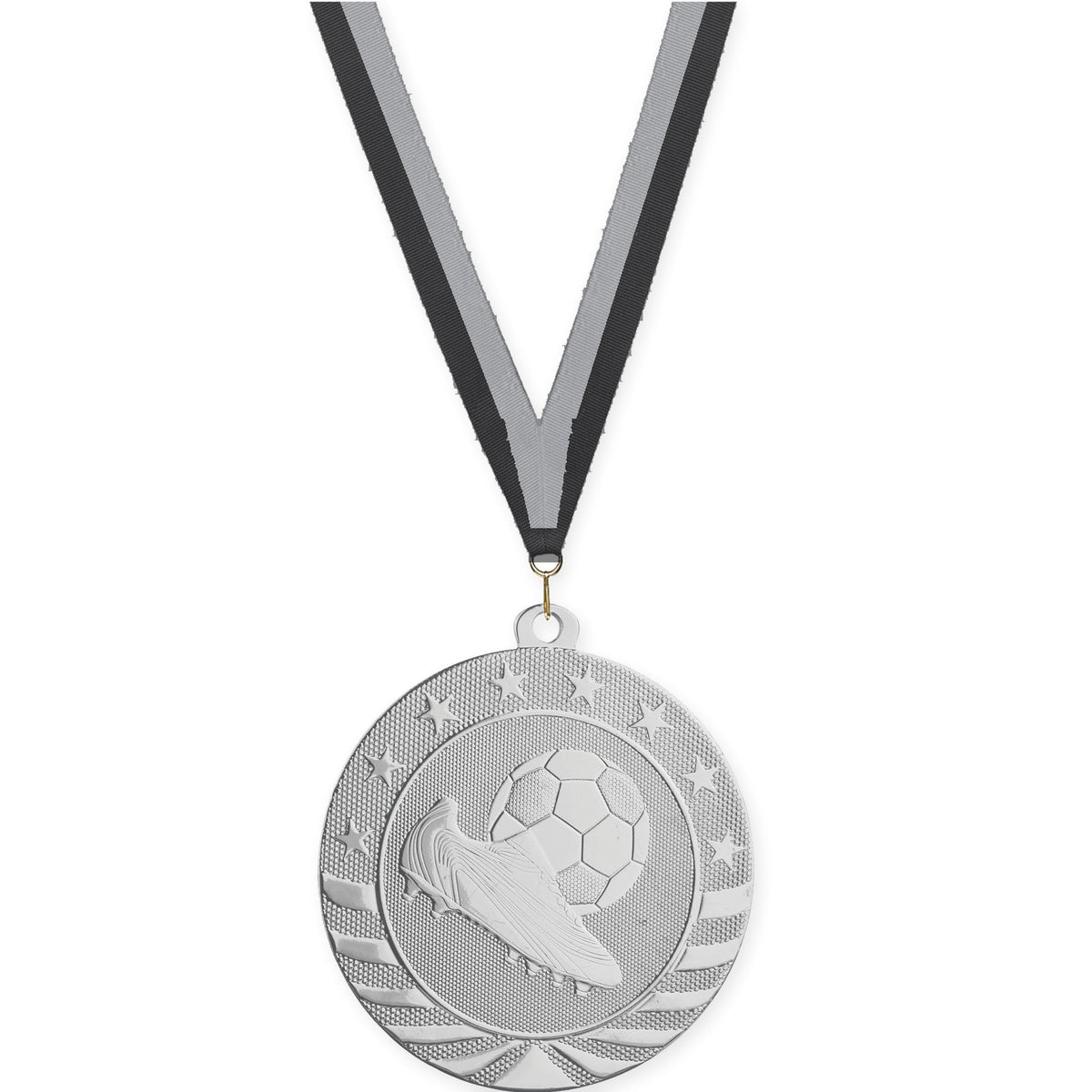 2 3/4 inch soccer Starbrite medal in bright silver with Black Gray neck ribbon